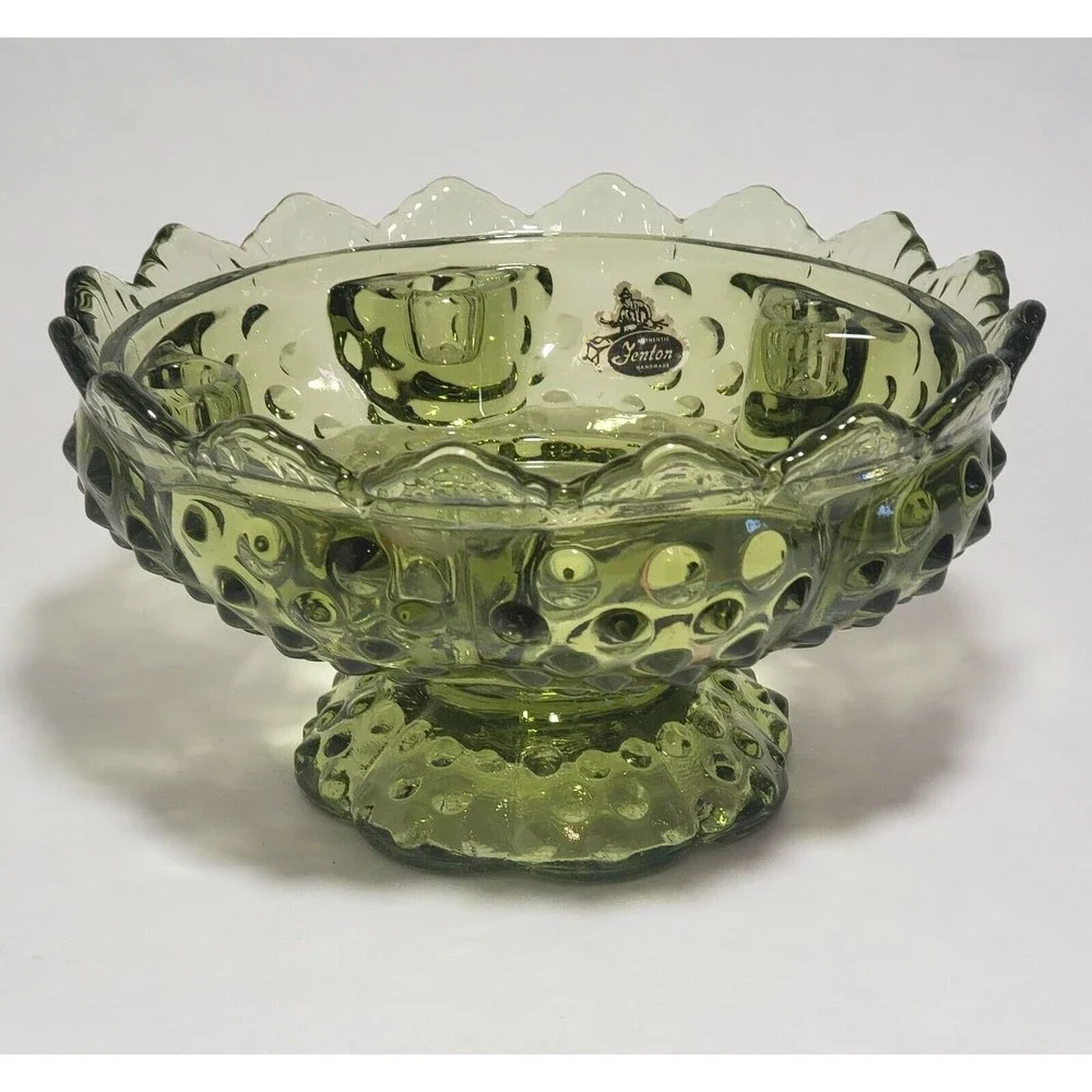 Fenton Hobnail‎ Pedestal 6 Taper Candle Holder Centerpiece Olive Green Vintage